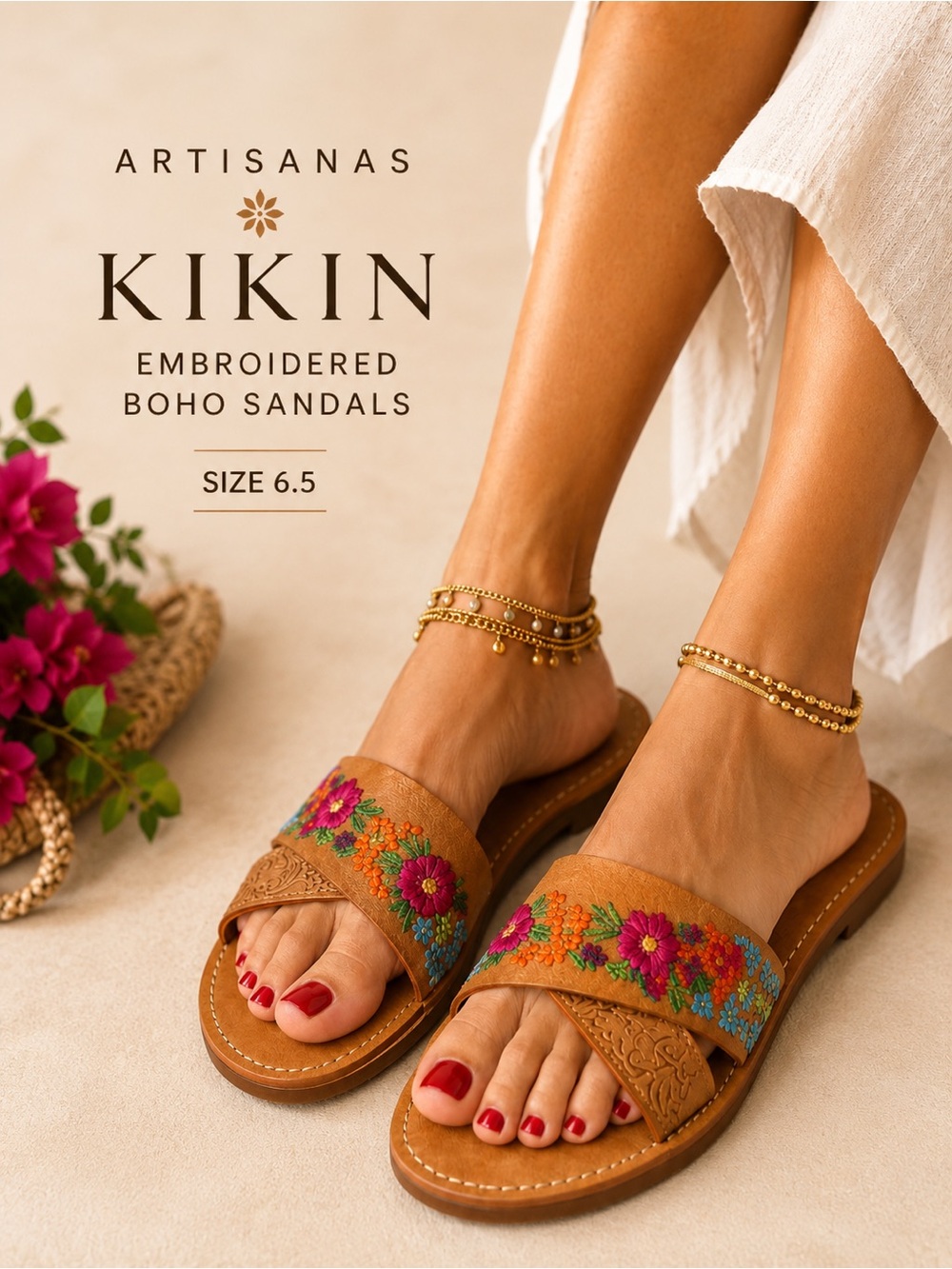 Artisanas Kikin Embroidered Boho Leather Slide Sandals Sz 6.5